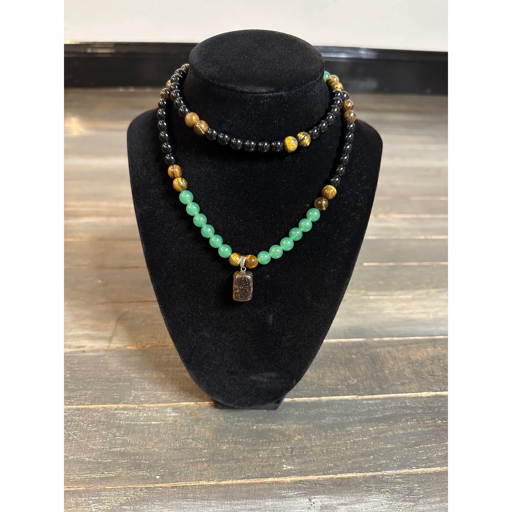 Handmade Natural Stone Beaded Necklace Green Aventurine Tigers Eye Black Onyx